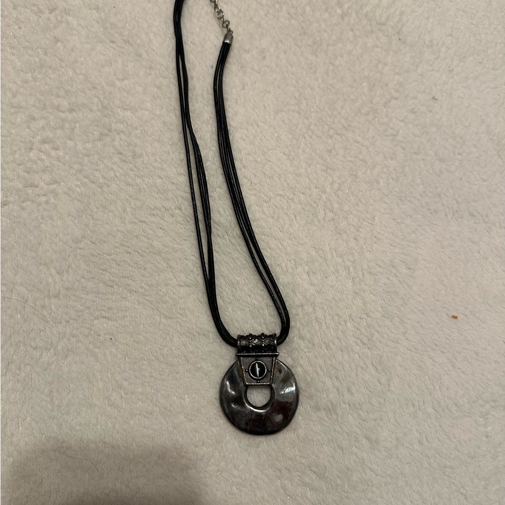 Chicos Black Cord Necklace with Silver Colored Pendant.  Vintage.